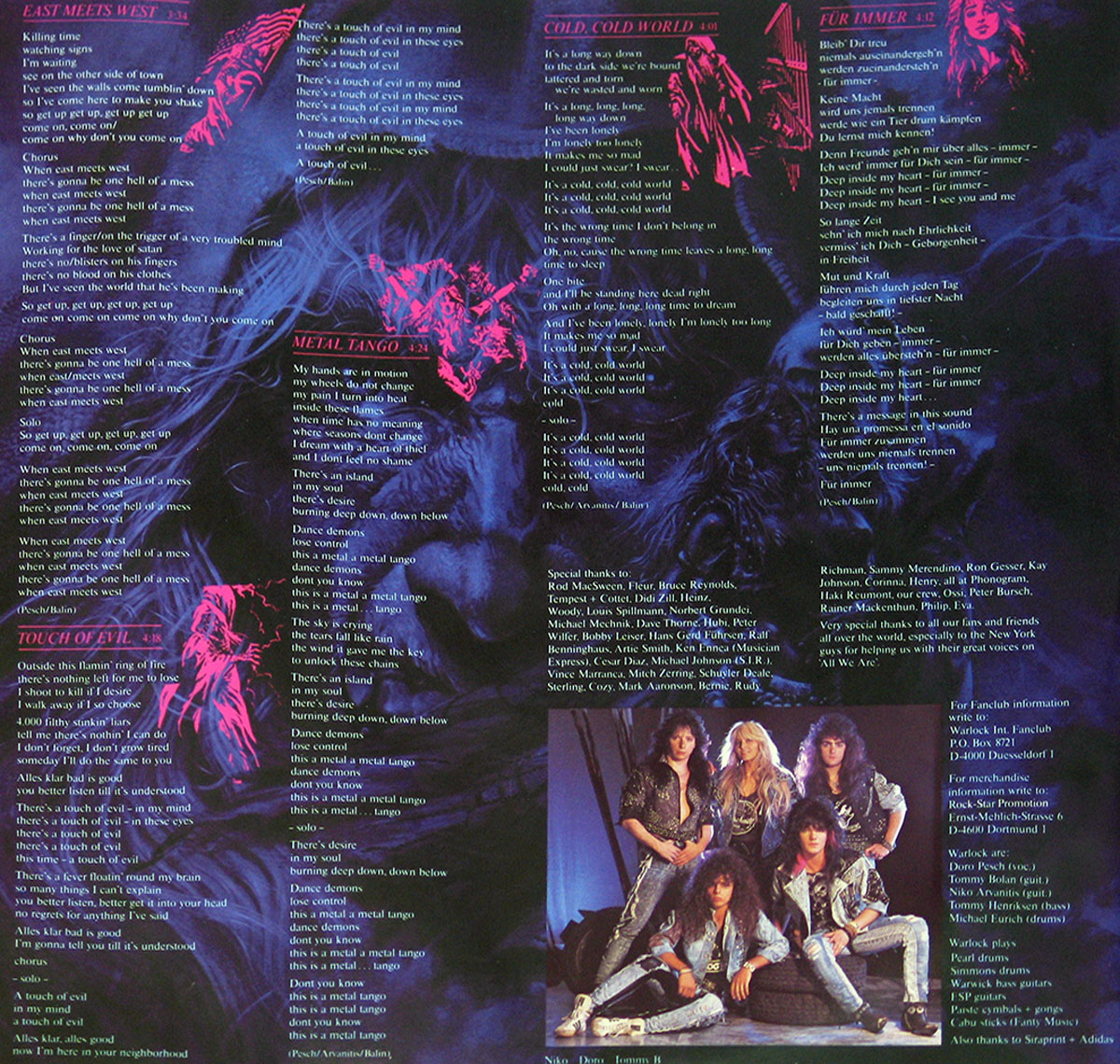 Custom inner sleeve of Warlock's 'Triumph and Agony' album, featuring lyrics in bold, stylized fonts over a dark, blue-toned fantasy background with sinister faces and red-highlighted illustrations, alongside a band photo of Warlock dressed in rock attire.